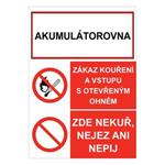 AKUMULÁTOROVNA - ZÁKAZ KOUŘENÍ A VSTUPU S OTEVŘENÝM OHNĚM - ZDE NEKUŘ, NEJEZ ANI NEPIJ, plast 2 mm, A4