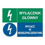 GŁÓNY WYŁĄĆZNIK DŹWIGU - WYŁĄCZ W NIEBEZPIECZEŃSTWIE, ZNAK ŁĄCZONY, naklejka 297x210 mm