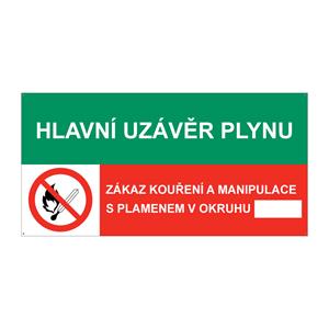 HLAVNÍ UZÁVĚR PLYNU - ZÁKAZ MANIPULACE S PLAMENEM V OKRUHU, KOMBINACE, plast 2 mm s dírkami 150x75 mm