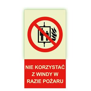 Nie korzystać z windy w razie pożaru - fotoluminescencyjny znak, naklejka 80x150 mm