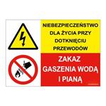 NIEBEZPIECZEŃSTWO DLA ŻYCIA PRZY... - ZAKAZ GASZENIA WODĄ I PIANĄ, ZNAK ŁĄCZONY, płyta PVC 2 mm, 297x210 mm