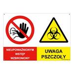 NIEUPOWAŻNIONYM WSTĘP WZBRONIONY - UWAGA PSZCZOŁY, ZNAK ŁĄCZONY, płyta PVC 2 mm z dziurkami, 210x148 mm