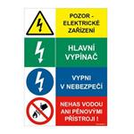 POZOR ELEKTRICKÉ ZAŘÍZENÍ - HLAVNÍ VYPÍNAČ - VYPNI V NEBEZPEČÍ - NEHAS VODOU ANI PĚNOVÝMI PŘÍSTROJI, plast 1 mm 148x210