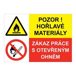 POZOR NA HOŘLAVÉ MATERIÁLY - ZÁKAZ PRÁCE S OTEVŘENÝM OHNĚM, KOMBINACE, plast 1 mm, A4