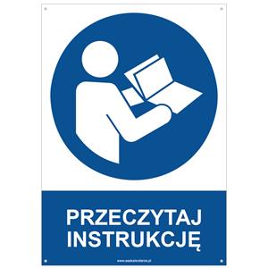 PRZECZYTAJ INSTRUKCJĘ - znak BHP z dziurkami, płyta PVC A4, 2 mm