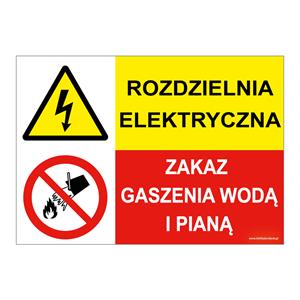 ROZDZIELNIA ELEKTRYCZNA - ZAKAZ GASZENIA WODĄ I PIANĄ, ZNAK ŁĄCZONY, płyta PVC 1 mm, 150 x 75 mm