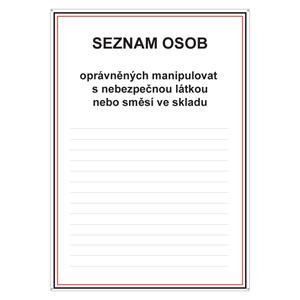 SEZNAM OSOB OPRÁVNĚNÝCH MANIPULOVAT S NEBEZPEČNOU LÁTKOU NEBO SMĚSÍ VE SKADU, plast 2 mm s dírkami A4