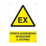 STREFA ZAGROŻENIA WYBUCHEM 2. STOPNIA - znak BHP z dziurkami, płyta PVC A4, 2 mm