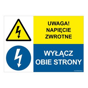 UWAGA NAPIĘCIE ZWROTNE - WYŁĄCZ OBIE STRONY, ZNAK ŁĄCZONY, naklejka 210x148 mm