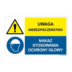 UWAGA NIEBEZPIECZEŃSTWO - NAKAZ STOSOWANIA OCHRONY GŁOWY, ZNAK ŁĄCZONY, płyta PVC 2 mm 95x60 mm