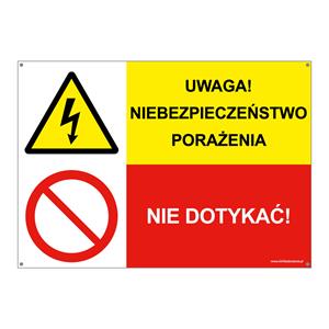 UWAGA! NIEBEZPIECZEŃSTWO PORAŻENIA - NIE DOTYKAĆ!, ZNAK ŁĄCZONY, płyta PVC 2 mm z dziurkami, 210x148 mm