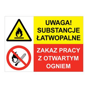 UWAGA! SUBSTANCJE ŁATWOPALNE - ZAKAZ PRACY Z OTWARTYM OGNIEM, ZNAK ŁĄCZONY, płyta PVC 1 mm, 210x148 mm