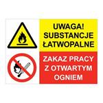 UWAGA! SUBSTANCJE ŁATWOPALNE - ZAKAZ PRACY Z OTWARTYM OGNIEM, ZNAK ŁĄCZONY, płyta PVC 2 mm, 297x210 mm