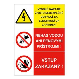 Vysoké napätie životu nebezpečné -Nehas vodou-Vstup zakázaný, kombinácia,plast 2mm,148x210mm