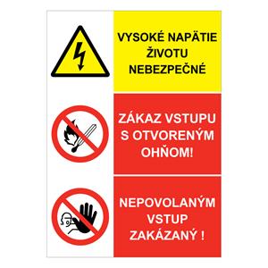 Vysoké napätie životu nebezpečné-Zákaz vstupu-??Nepovolaným vstup zakázaný, kombinácia,plast 1mm,148x210mm