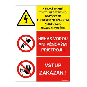 VYSOKÉ NAPĚTÍ (DRÁTY)- NEHAS VODOU - VSTUP ZAKÁZÁN, plast 1 mm, A4