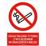 ZAKAZ PALENIA TYTONIU Z WYŁĄCZENIEM WYZNACZONYCH MIEJSC - znak BHP z dziurkami, płyta PVC A5, 2 mm