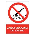 ZAKAZ SKAKANIA DO BASENU - znak BHP z dziurkami, płyta PVC A4, 2 mm